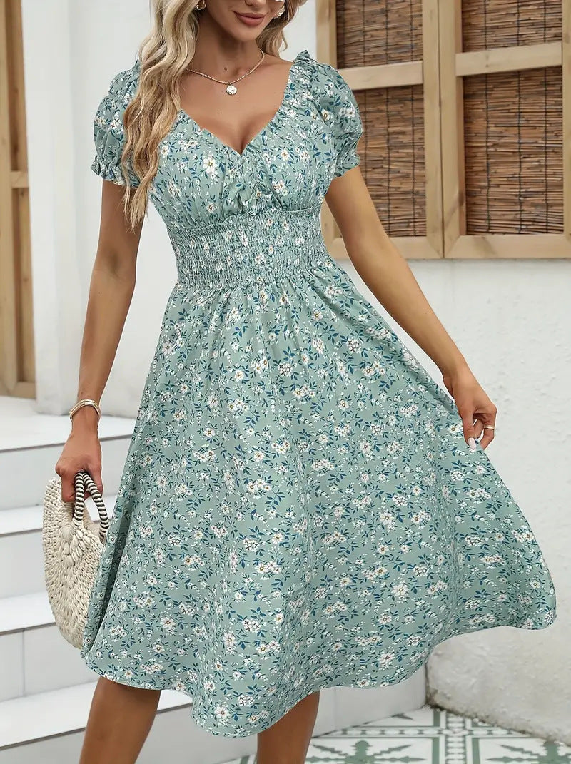 Ditsy Floral Puff Sleeve Smocked Midi Dress - Green