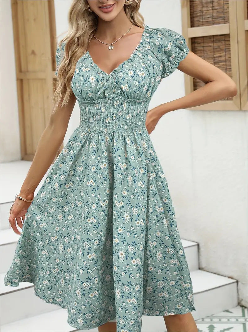 Ditsy Floral Puff Sleeve Smocked Midi Dress