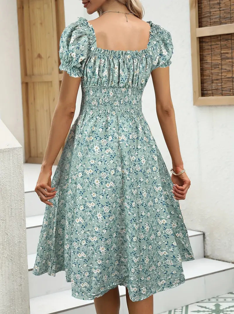 Ditsy Floral Puff Sleeve Smocked Midi Dress - view 5
