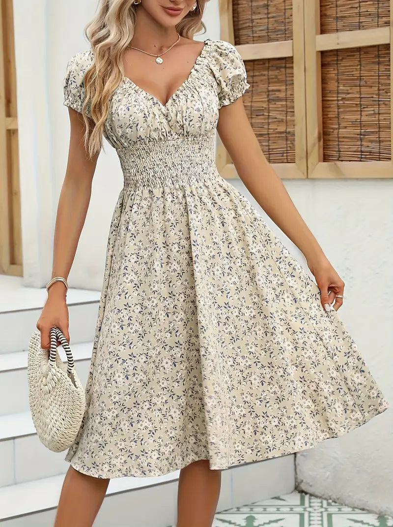 Ditsy Floral Puff Sleeve Smocked Midi Dress - view 8
