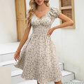 Ditsy Floral Puff Sleeve Smocked Midi Dress - grey