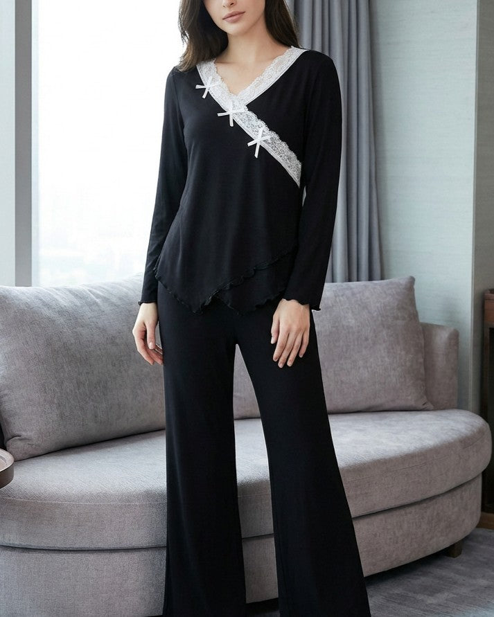 Lace Wrap Neckline Ruffle Trim Pajama Set - Black