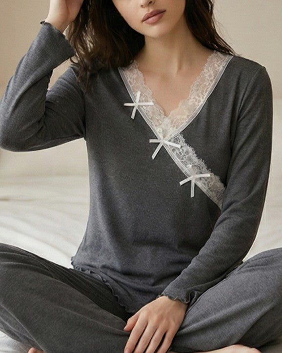 Lace Wrap Neckline Ruffle Trim Pajama Set - Grey