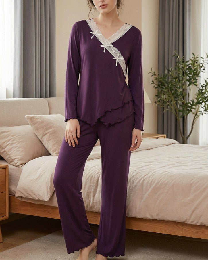 Lace Wrap Neckline Ruffle Trim Pajama Set - Purple