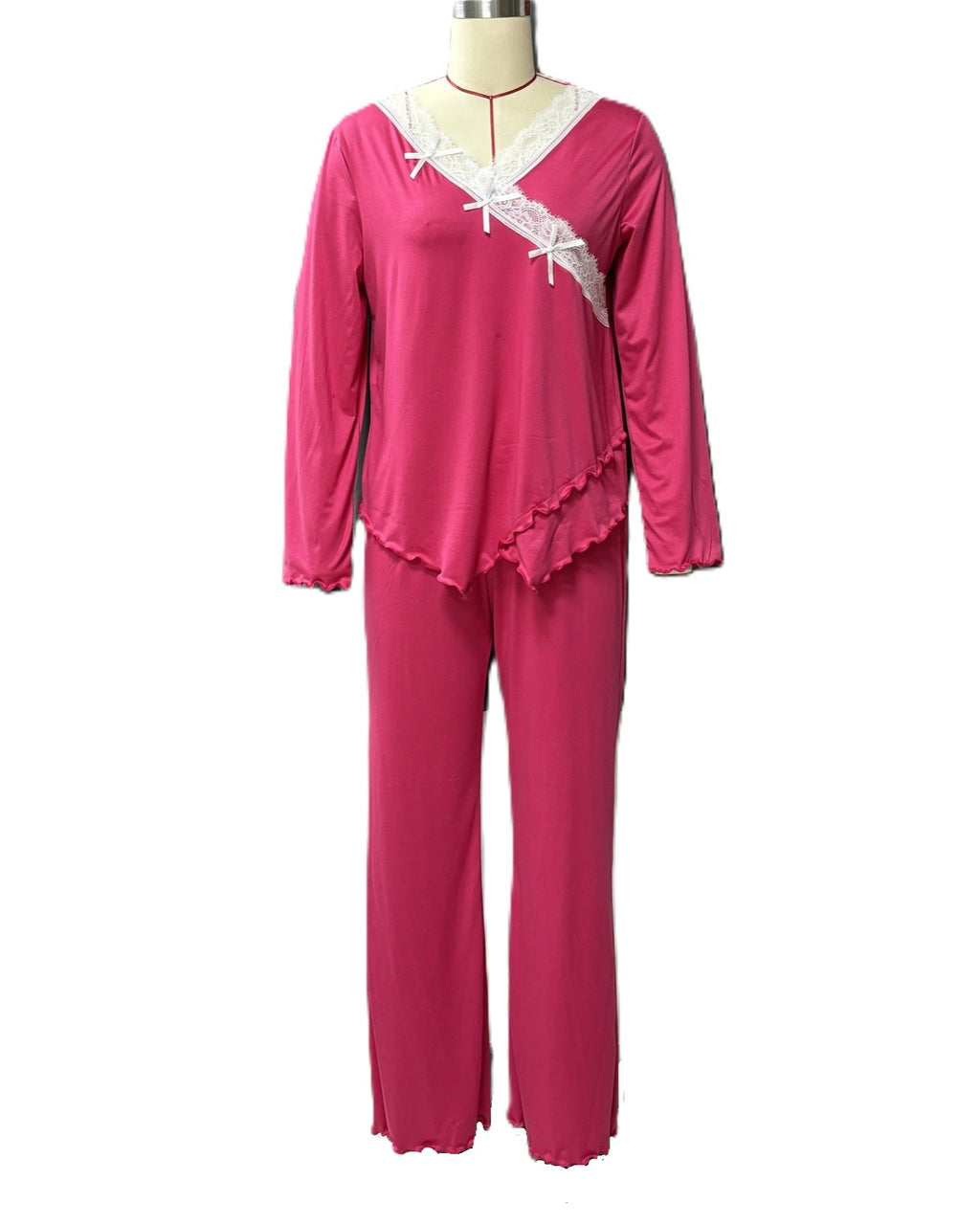 Lace Wrap Neckline Ruffle Trim Pajama Set - Rose-Red - 1