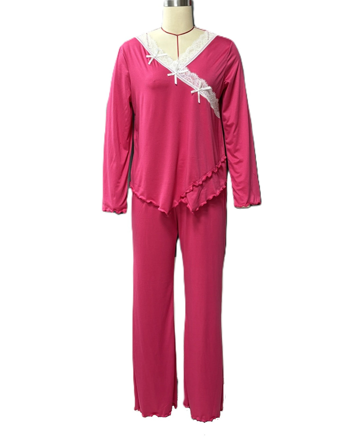 Lace Wrap Neckline Ruffle Trim Pajama Set - Rose-Red - 1
