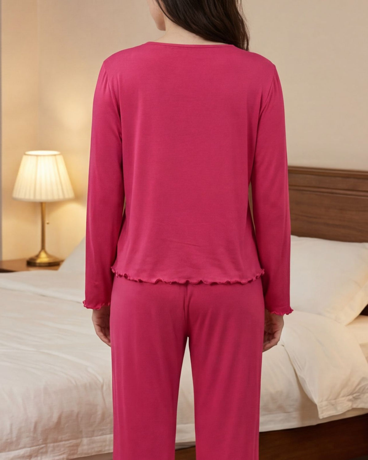 Lace Wrap Neckline Ruffle Trim Pajama Set - Rose-Red - 2