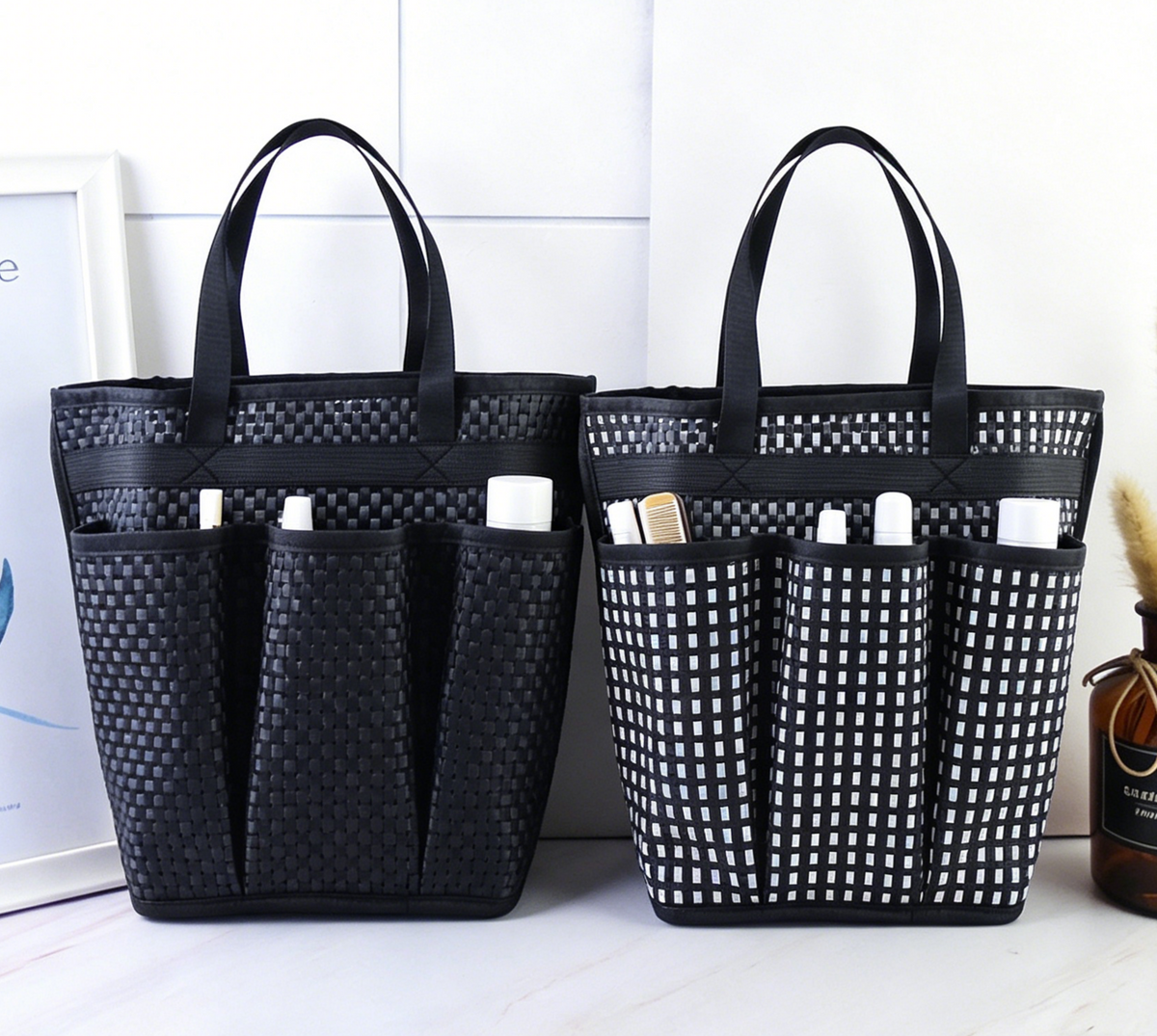 Mesh Shower Caddy Tote With Pockets - WBlack
