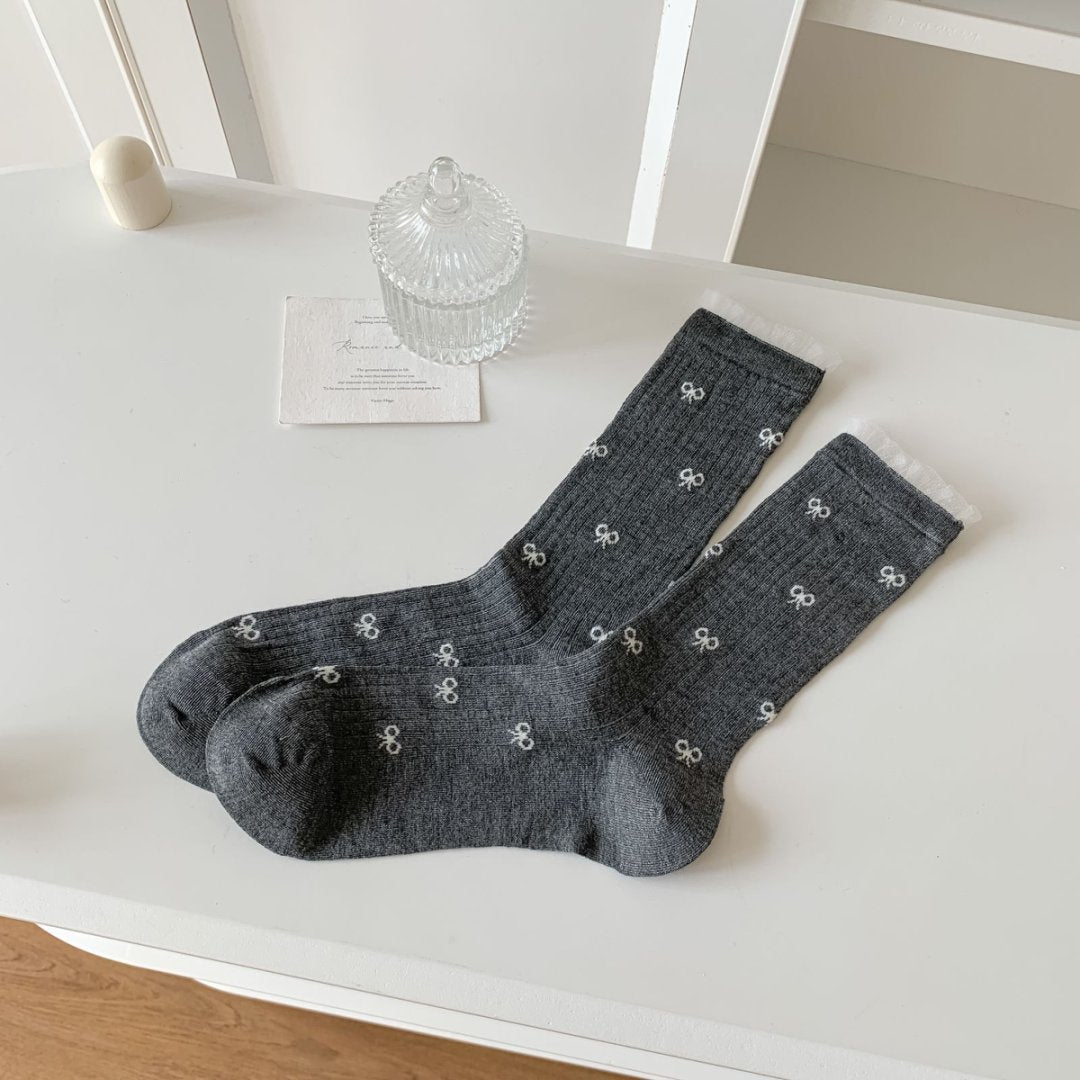 Sheer Ribbed Crew Socks With Bow Print - DarkGrey