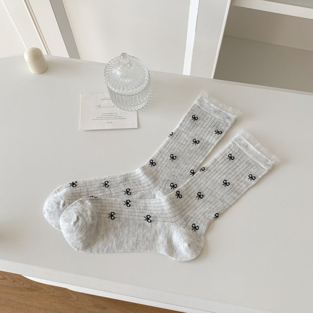 Sheer Ribbed Crew Socks With Bow Print - LightGray