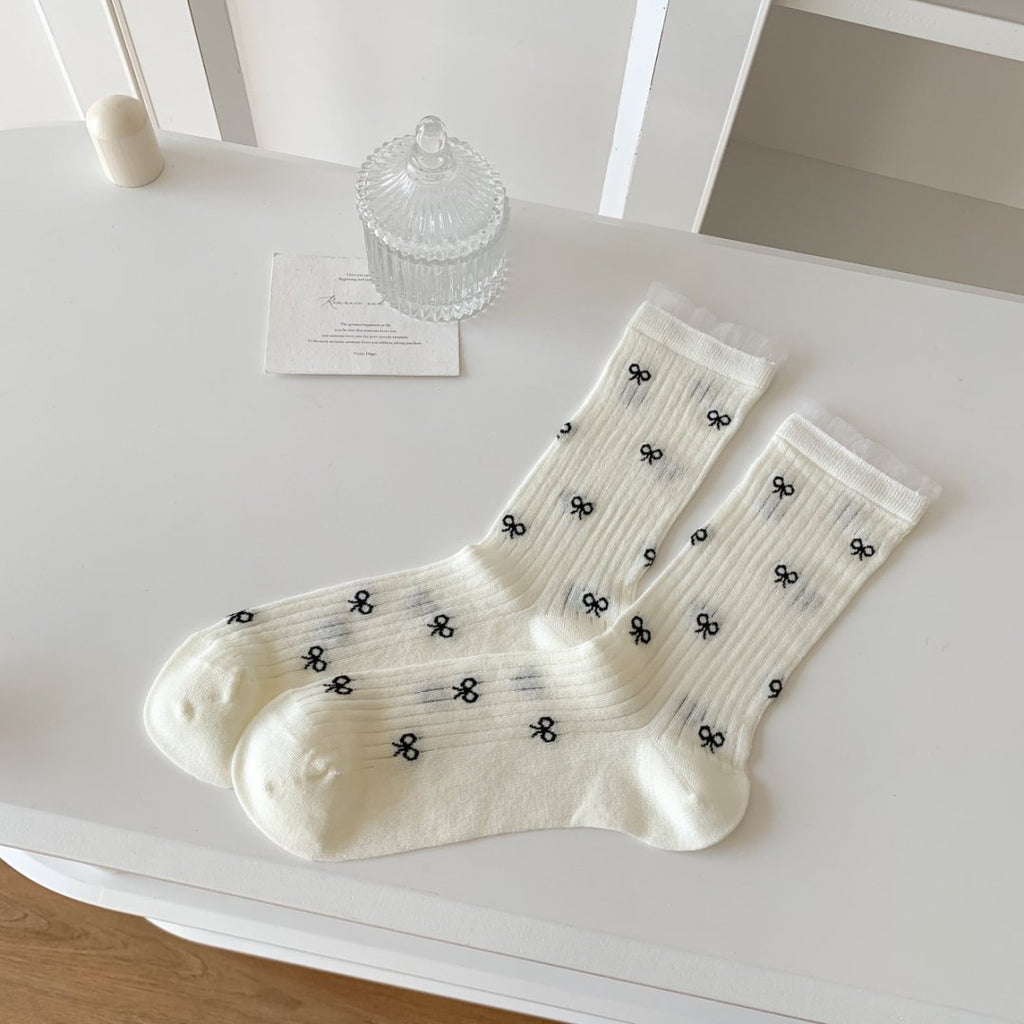 Sheer Ribbed Crew Socks With Bow Print - White