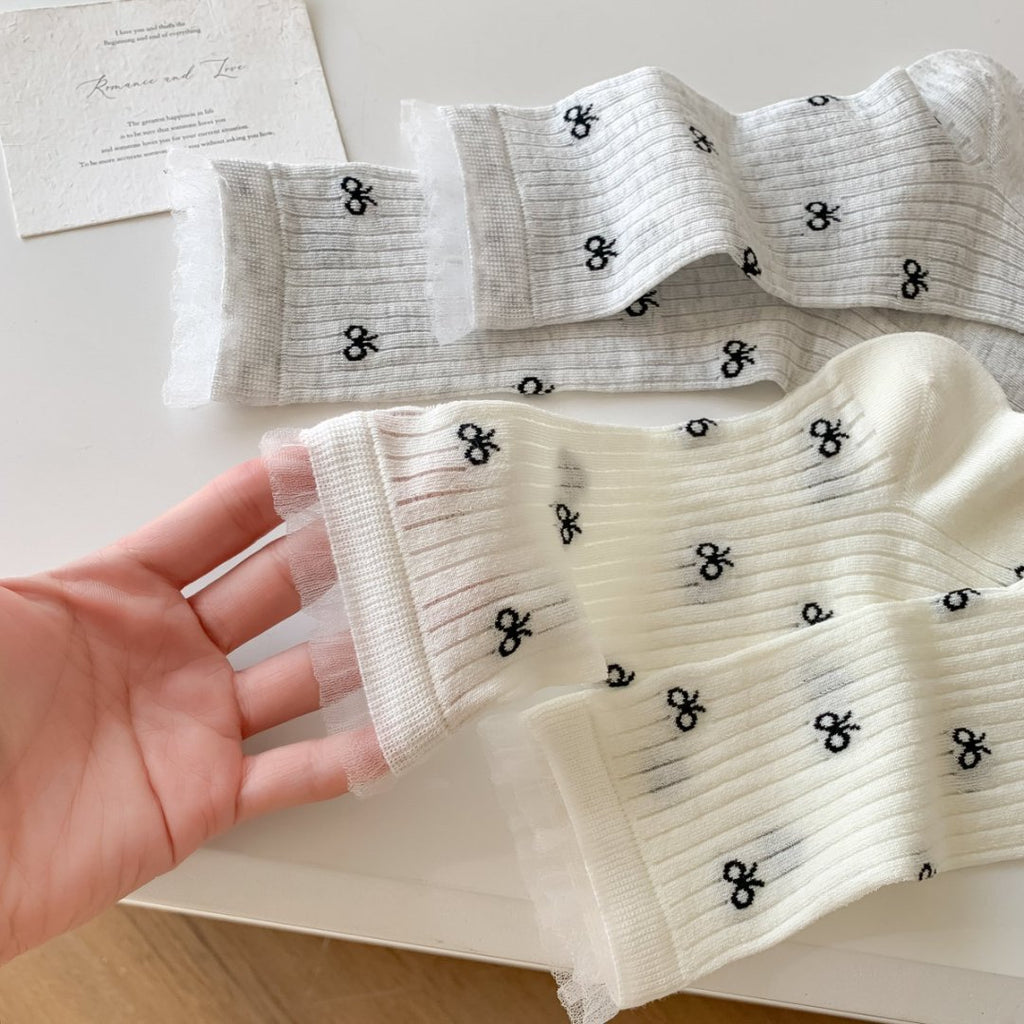 Sheer Ribbed Crew Socks With Bow Print