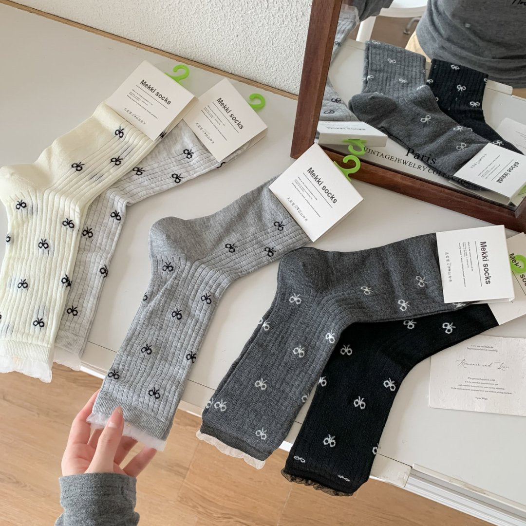 Sheer Ribbed Crew Socks With Bow Print - view 1