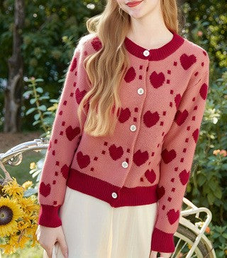 Heart Jacquard Button Up Knit Sweater - Rose