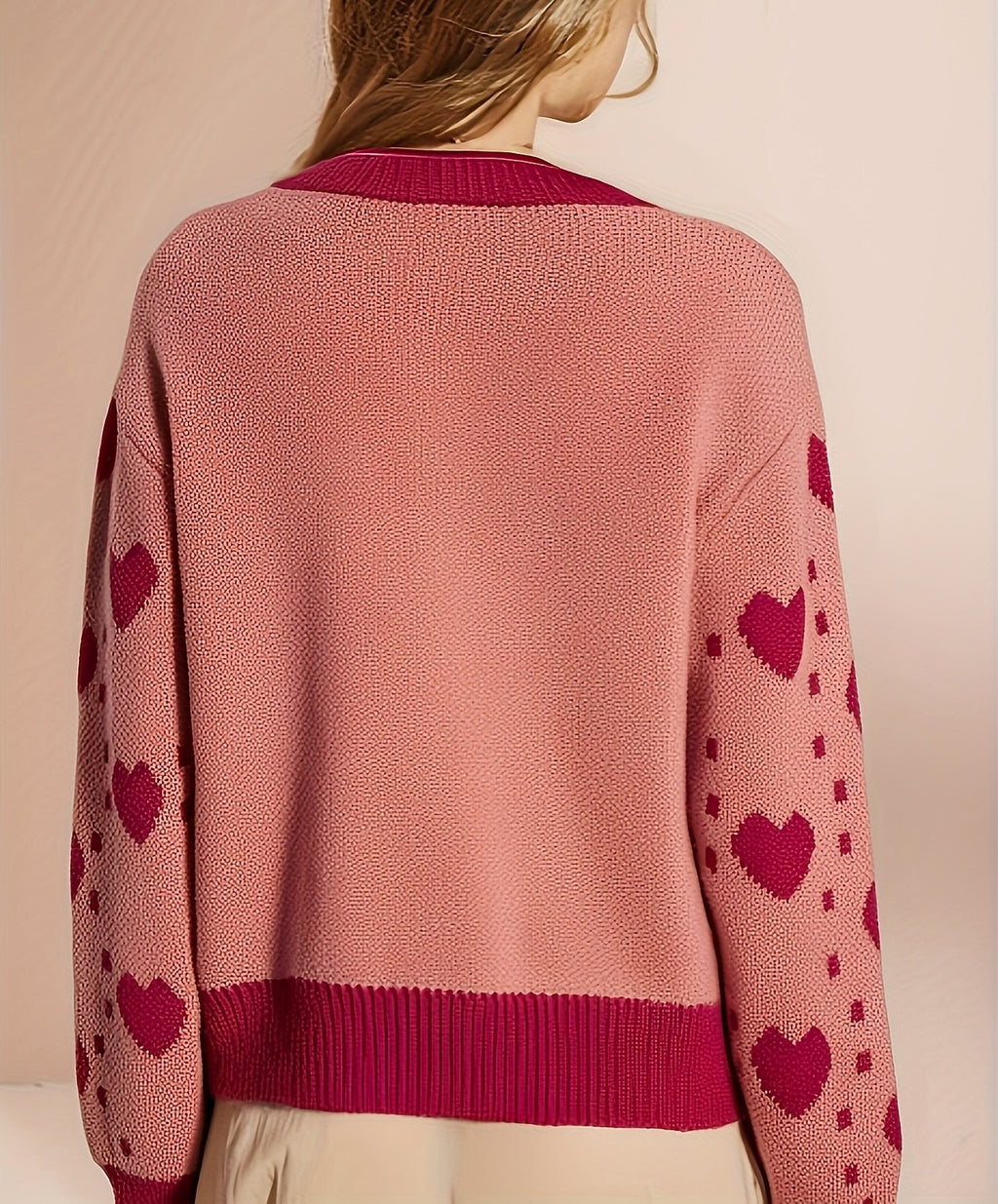 Heart Jacquard Button Up Knit Sweater