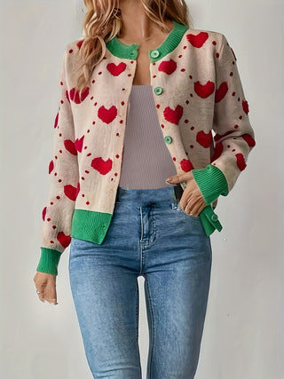 Heart Jacquard Button Up Knit Sweater - view 2