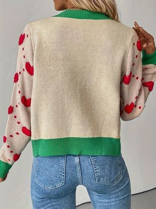 Heart Jacquard Button Up Knit Sweater - view 3