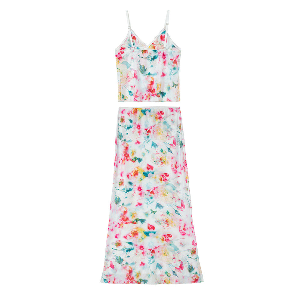 Printed Mesh Two Piece Beach Set - Pink - 1