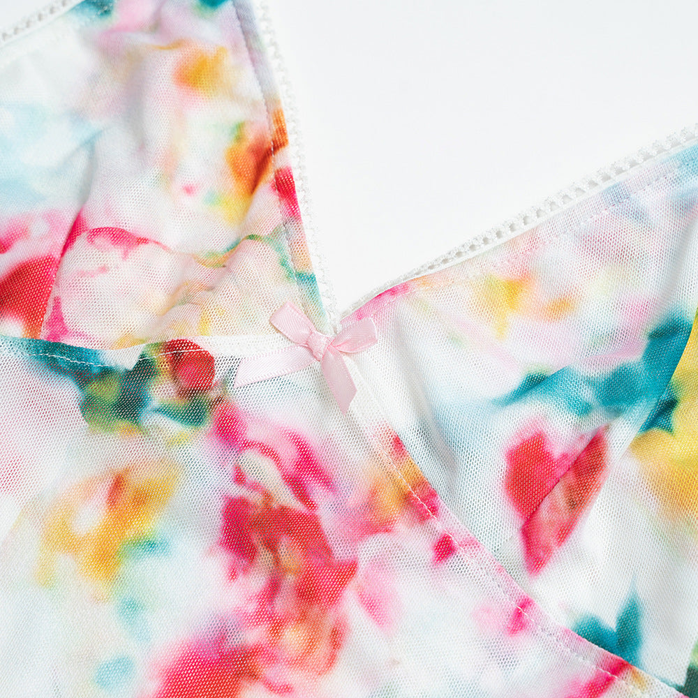 Printed Mesh Two Piece Beach Set - Pink - 2