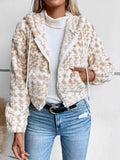 Hooded Houndstooth Plush Crop Jacket With Drawstring - Khaki