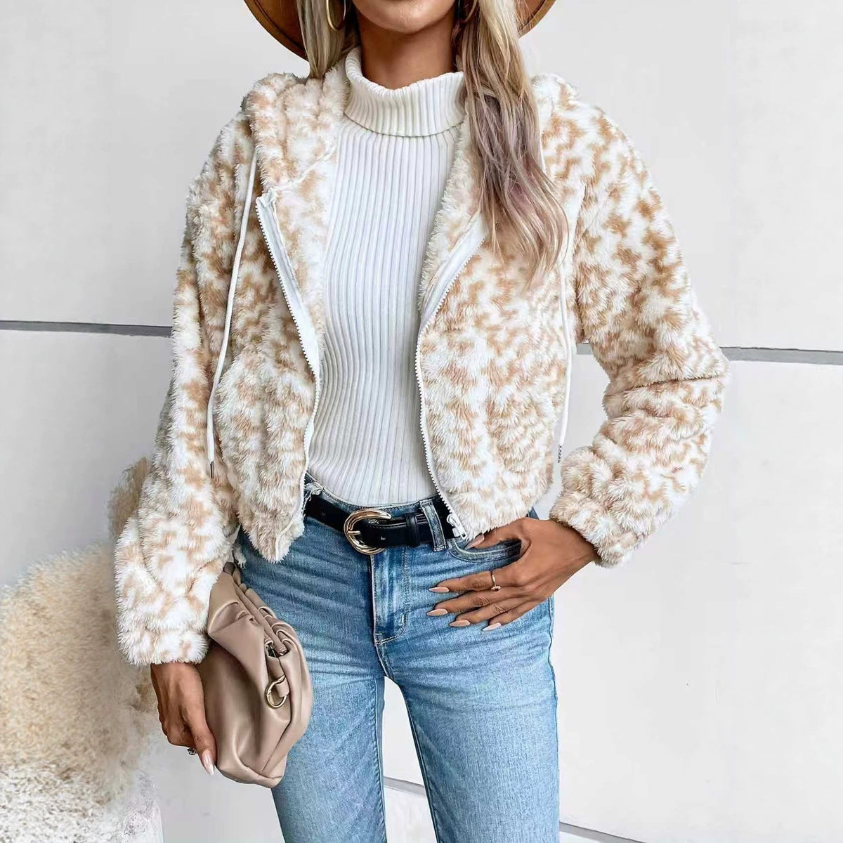 Hooded Houndstooth Plush Crop Jacket With Drawstring - Khaki - 1