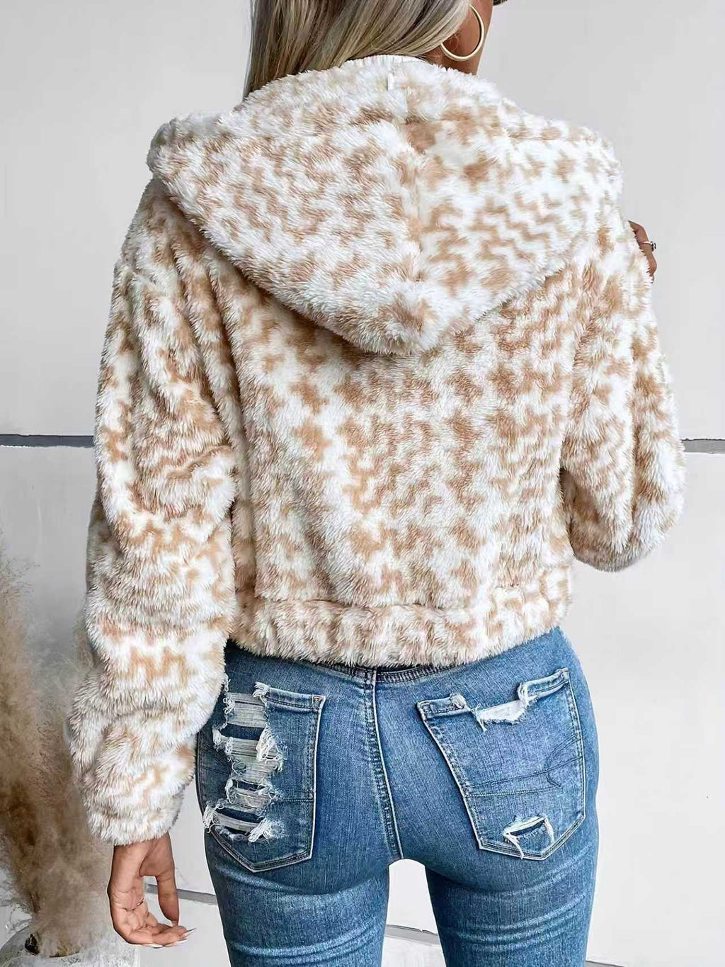 Hooded Houndstooth Plush Crop Jacket With Drawstring - Khaki - 2