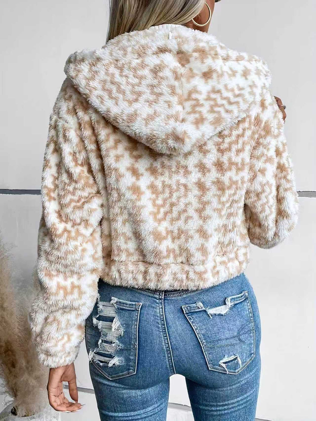 Hooded Houndstooth Plush Crop Jacket With Drawstring - Khaki - 2