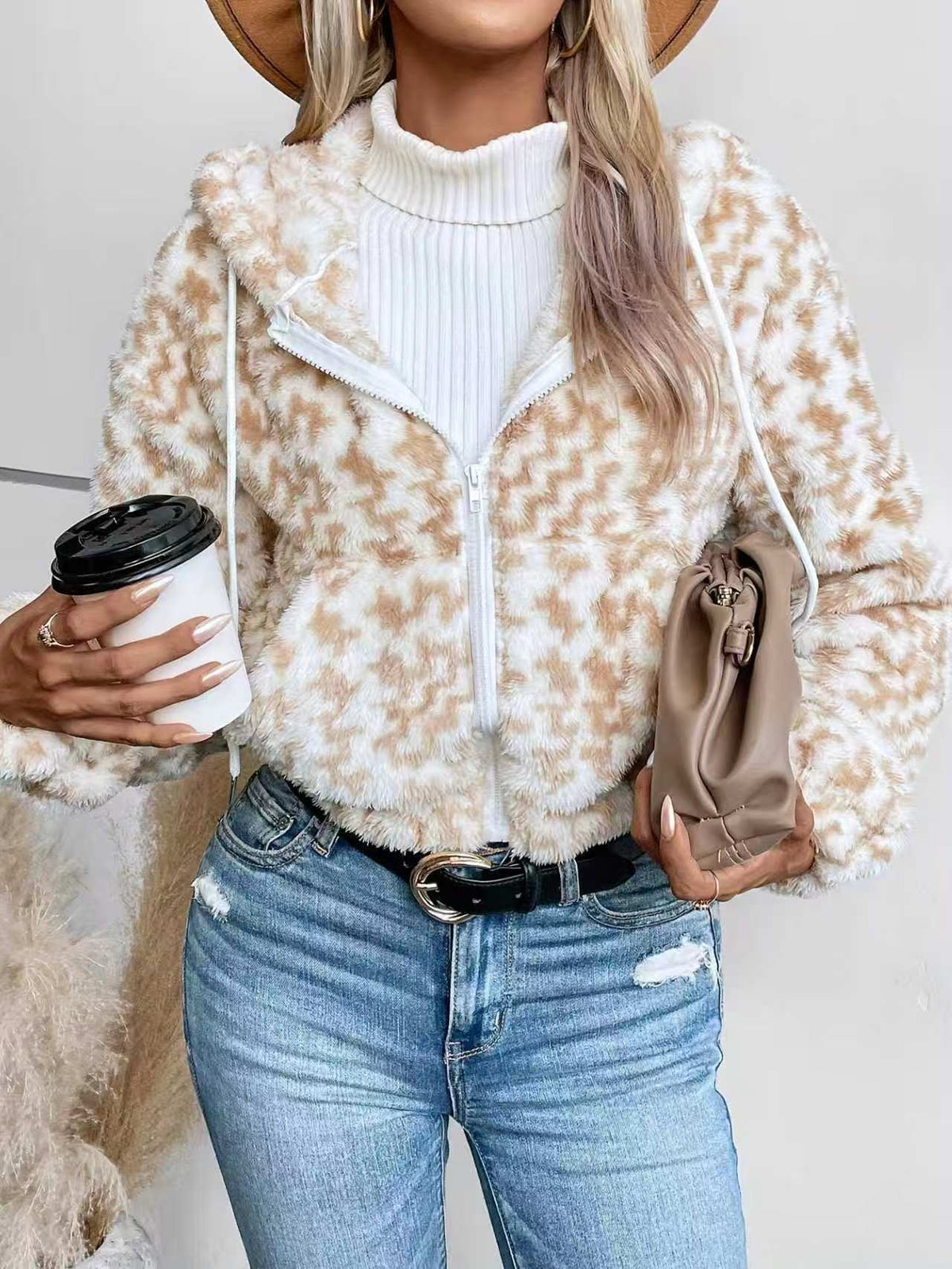 Hooded Houndstooth Plush Crop Jacket With Drawstring - Khaki - 3