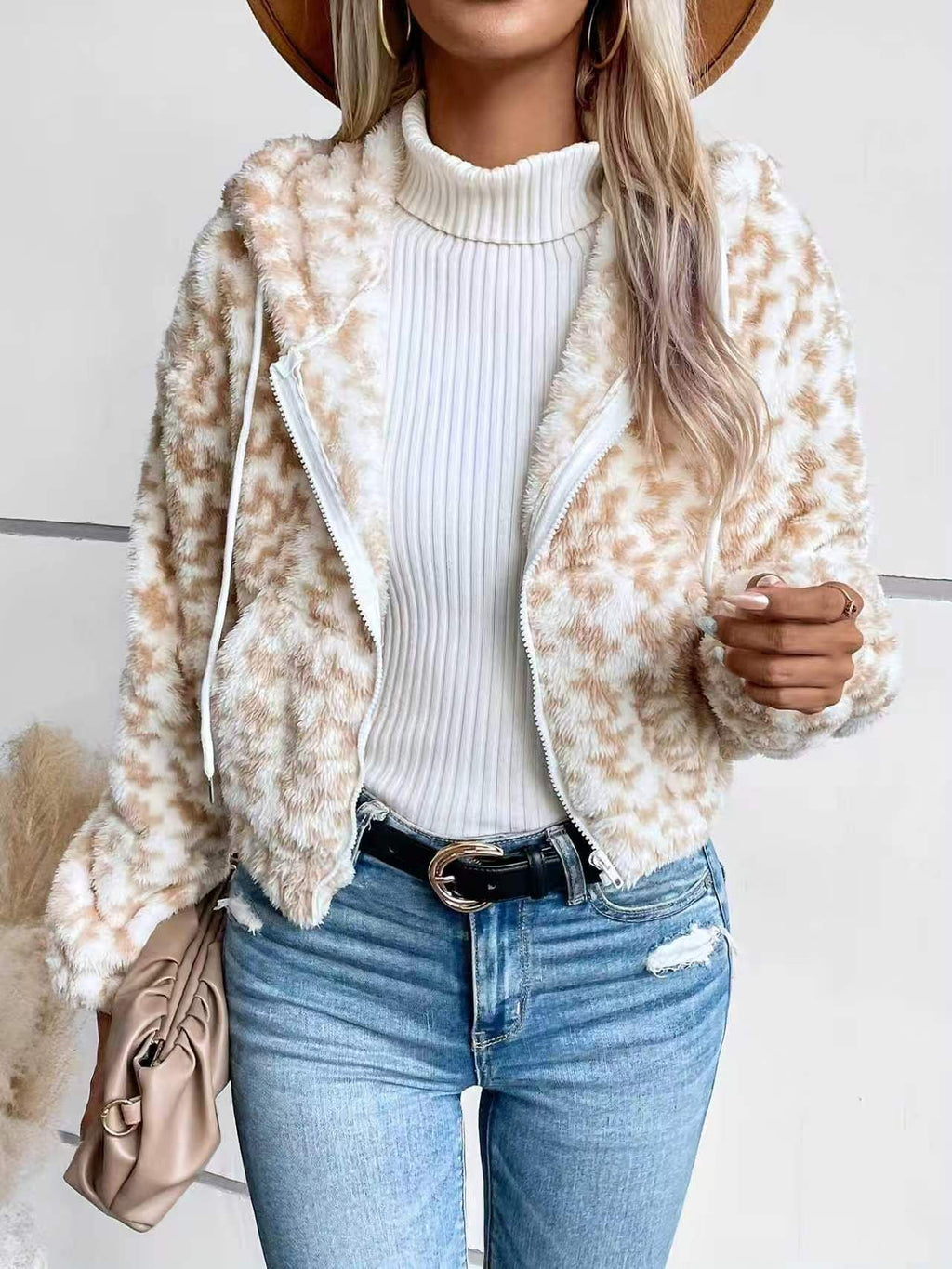 Hooded Houndstooth Plush Crop Jacket With Drawstring - Khaki - 4