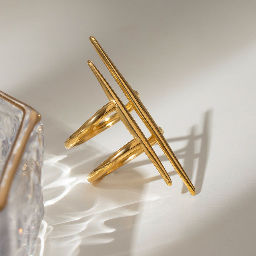Tapered Bar Double Band Stacking Ring - Gold - 2