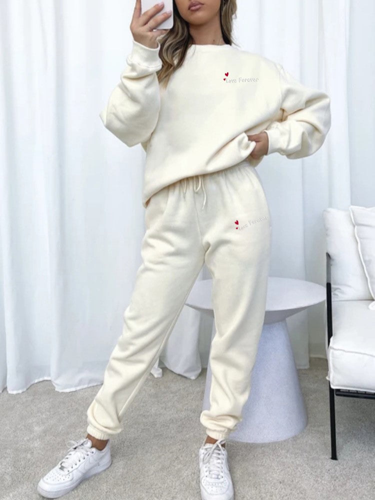 Heart Letter Print Sweatshirt and Jogger Set - Apricot