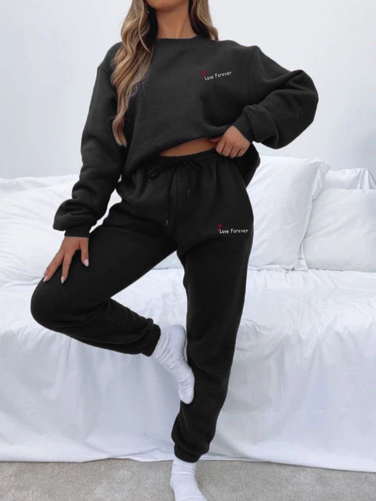 Heart Letter Print Sweatshirt and Jogger Set - Black
