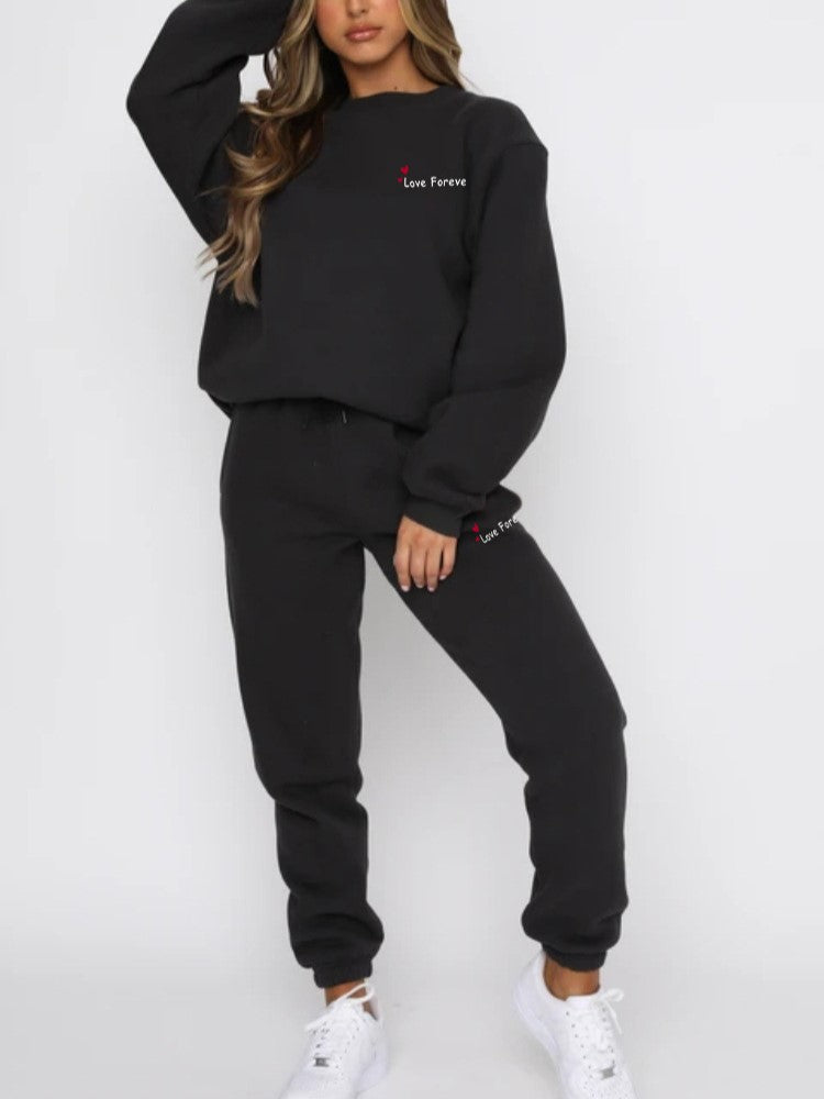Heart Letter Print Sweatshirt and Jogger Set - Black - 2