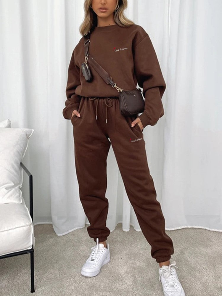 Heart Letter Print Sweatshirt and Jogger Set - Coffee