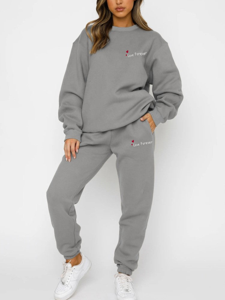 Heart Letter Print Sweatshirt and Jogger Set - Grey