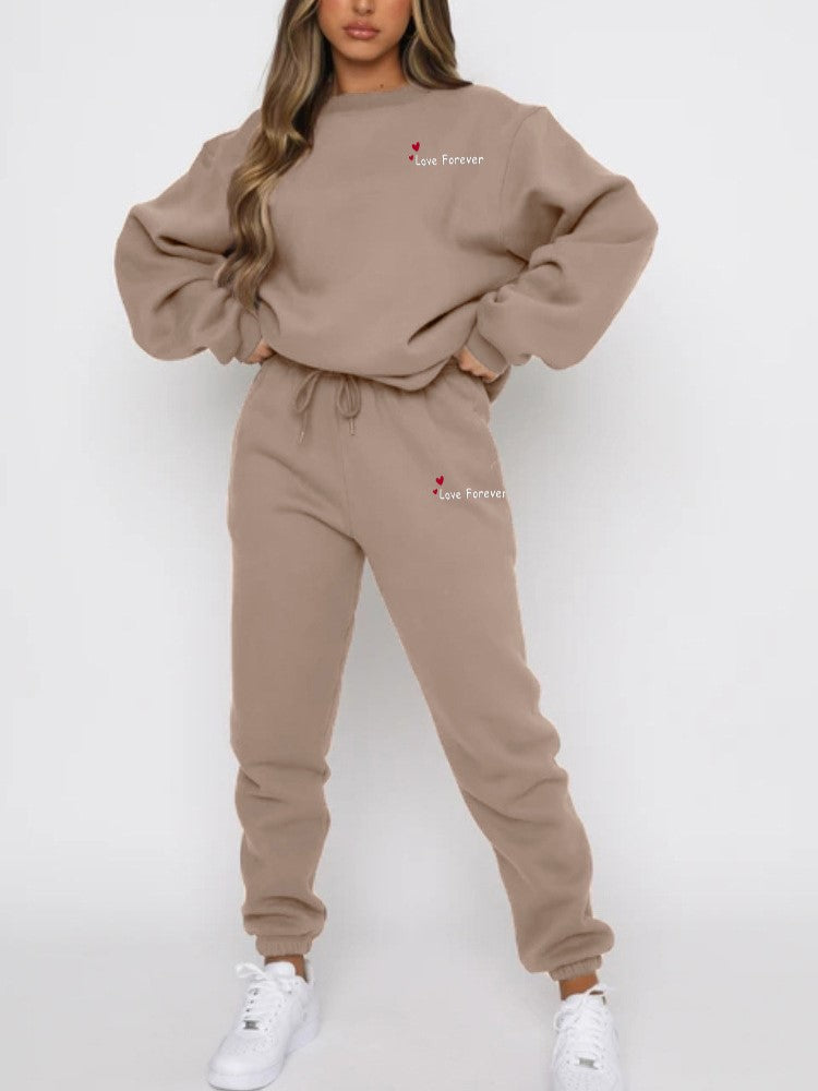 Heart Letter Print Sweatshirt and Jogger Set - Khaki