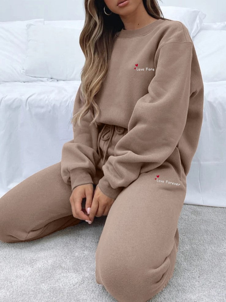 Heart Letter Print Sweatshirt and Jogger Set - Khaki - 1