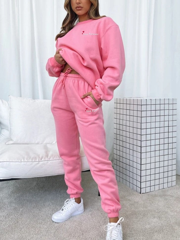 Heart Letter Print Sweatshirt and Jogger Set - Peach - 1