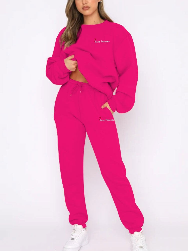Heart Letter Print Sweatshirt and Jogger Set - RoseRed