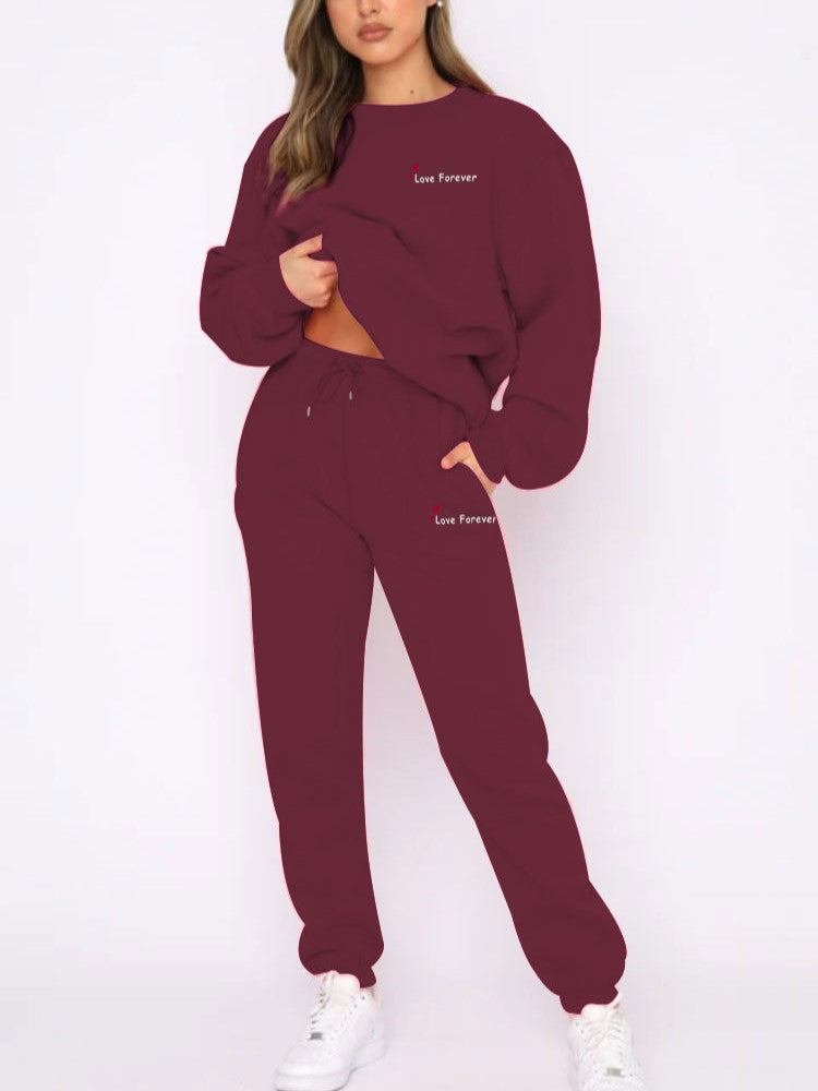 Heart Letter Print Sweatshirt and Jogger Set - WineRed