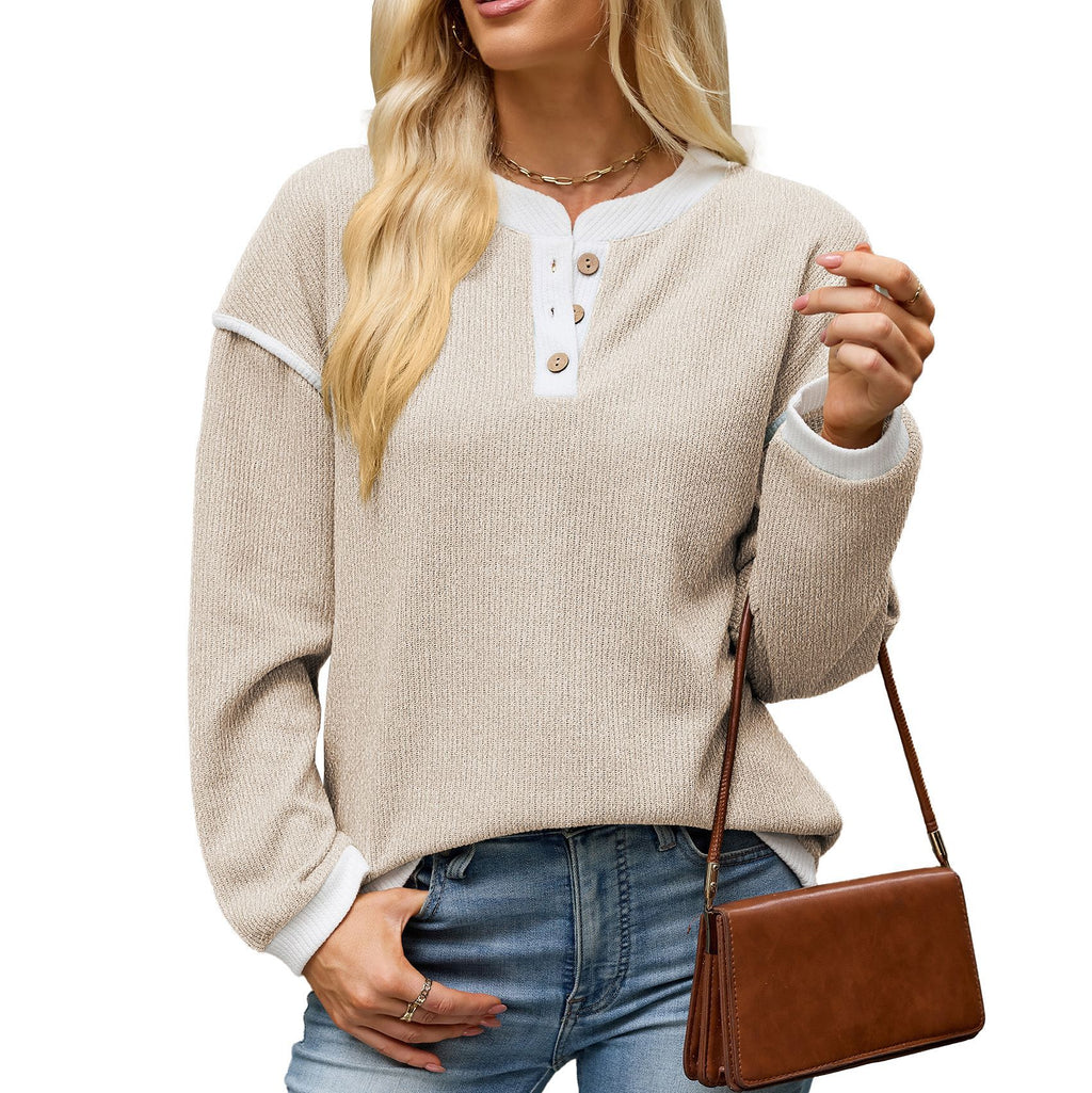 Henley Button Knit Top With Piping Trim - Apricot - 1