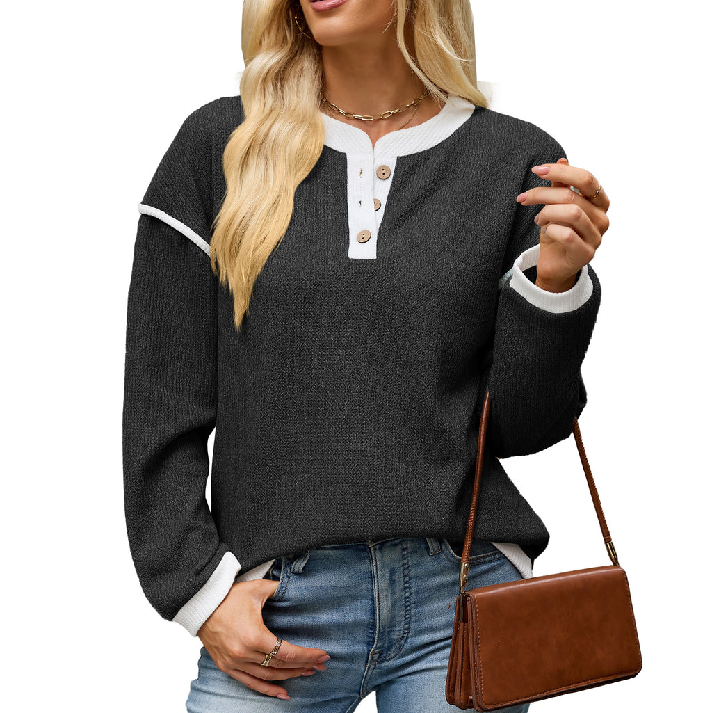 Henley Button Knit Top With Piping Trim - Black