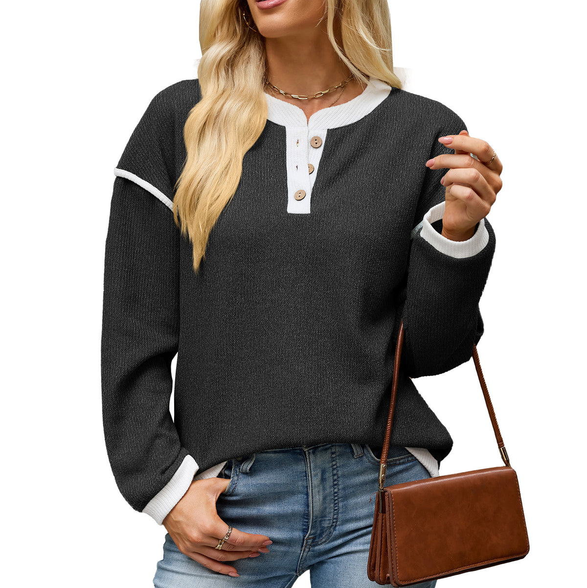 Henley Button Knit Top With Piping Trim - Black