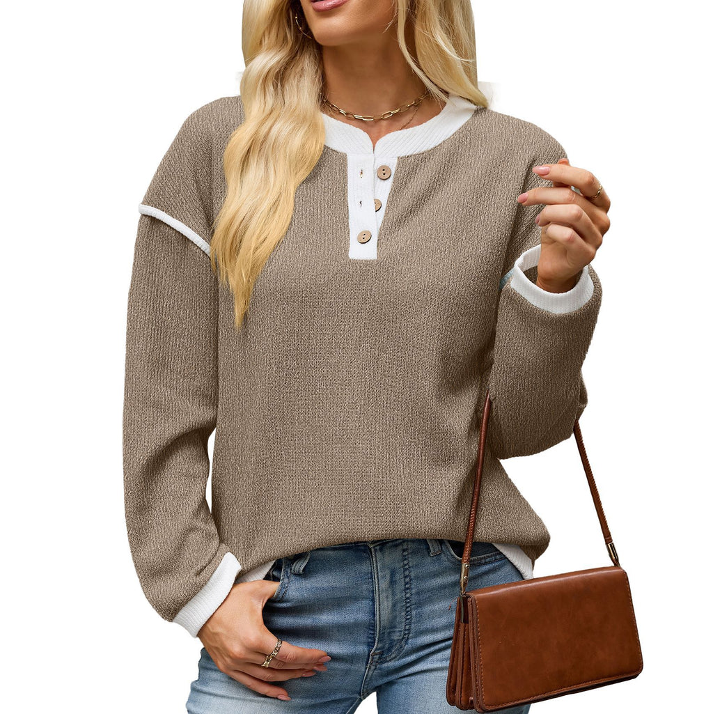 Henley Button Knit Top With Piping Trim - Coffee