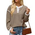 Henley Button Knit Top With Piping Trim - Coffee
