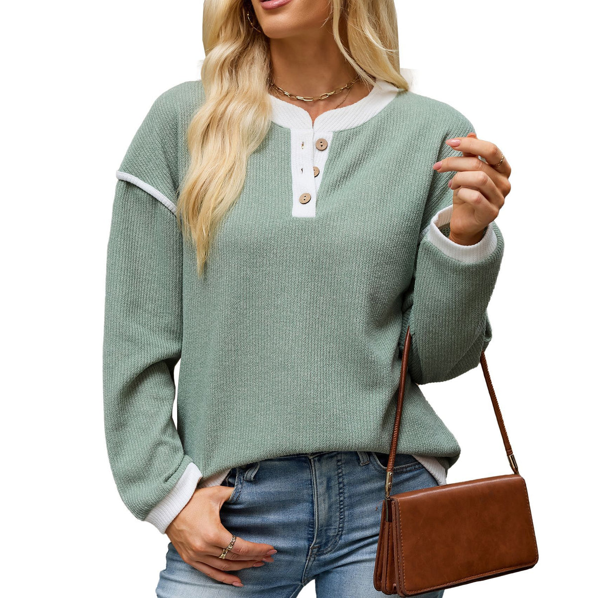 Henley Button Knit Top With Piping Trim - Green