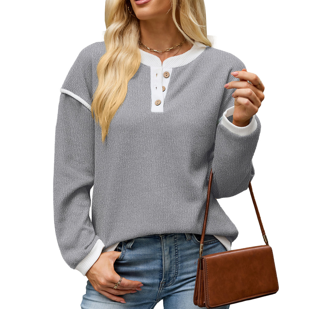 Henley Button Knit Top With Piping Trim - Grey
