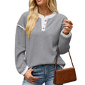 Henley Button Knit Top With Piping Trim - Grey