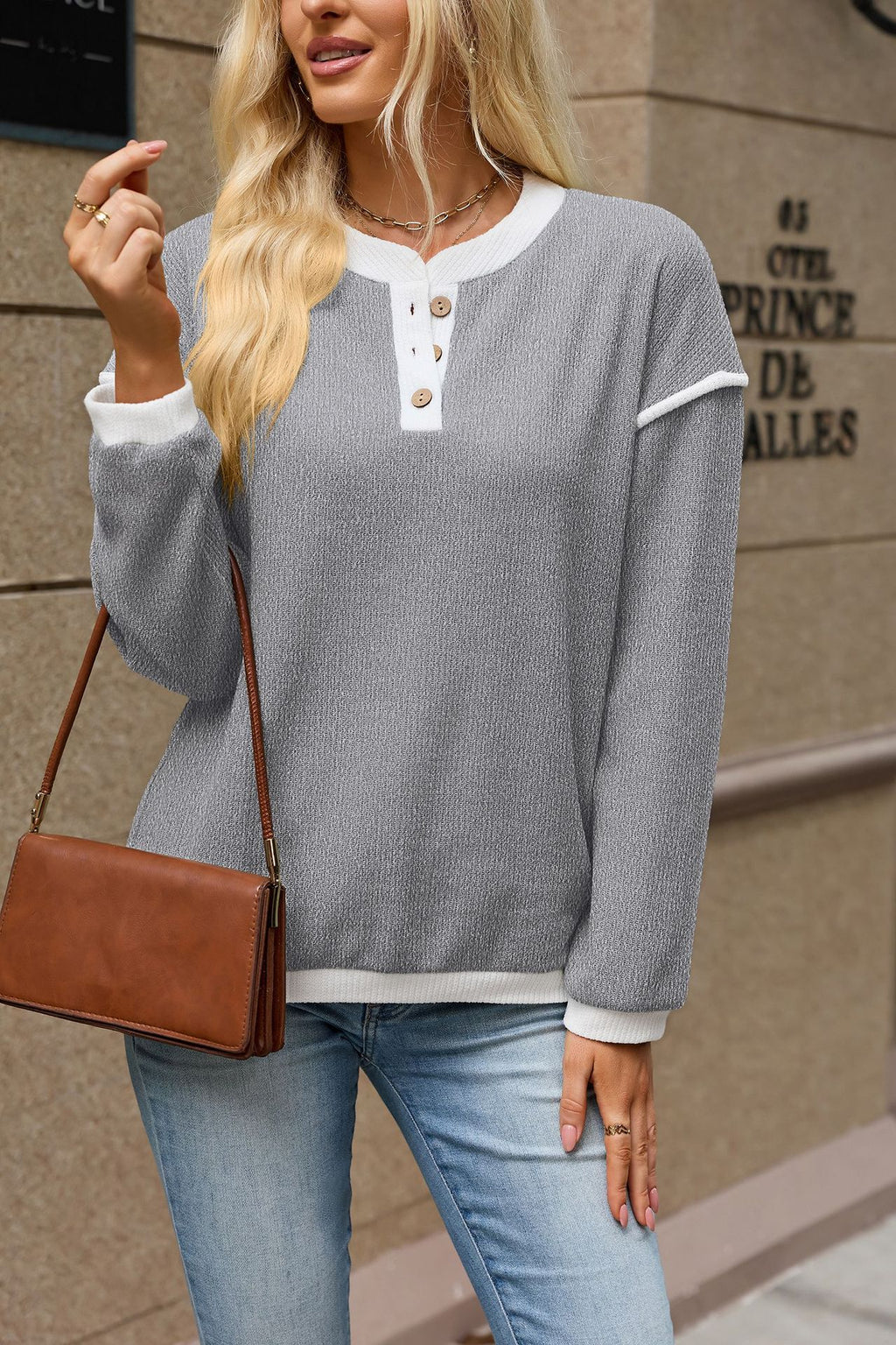 Henley Button Knit Top With Piping Trim - Grey - 2