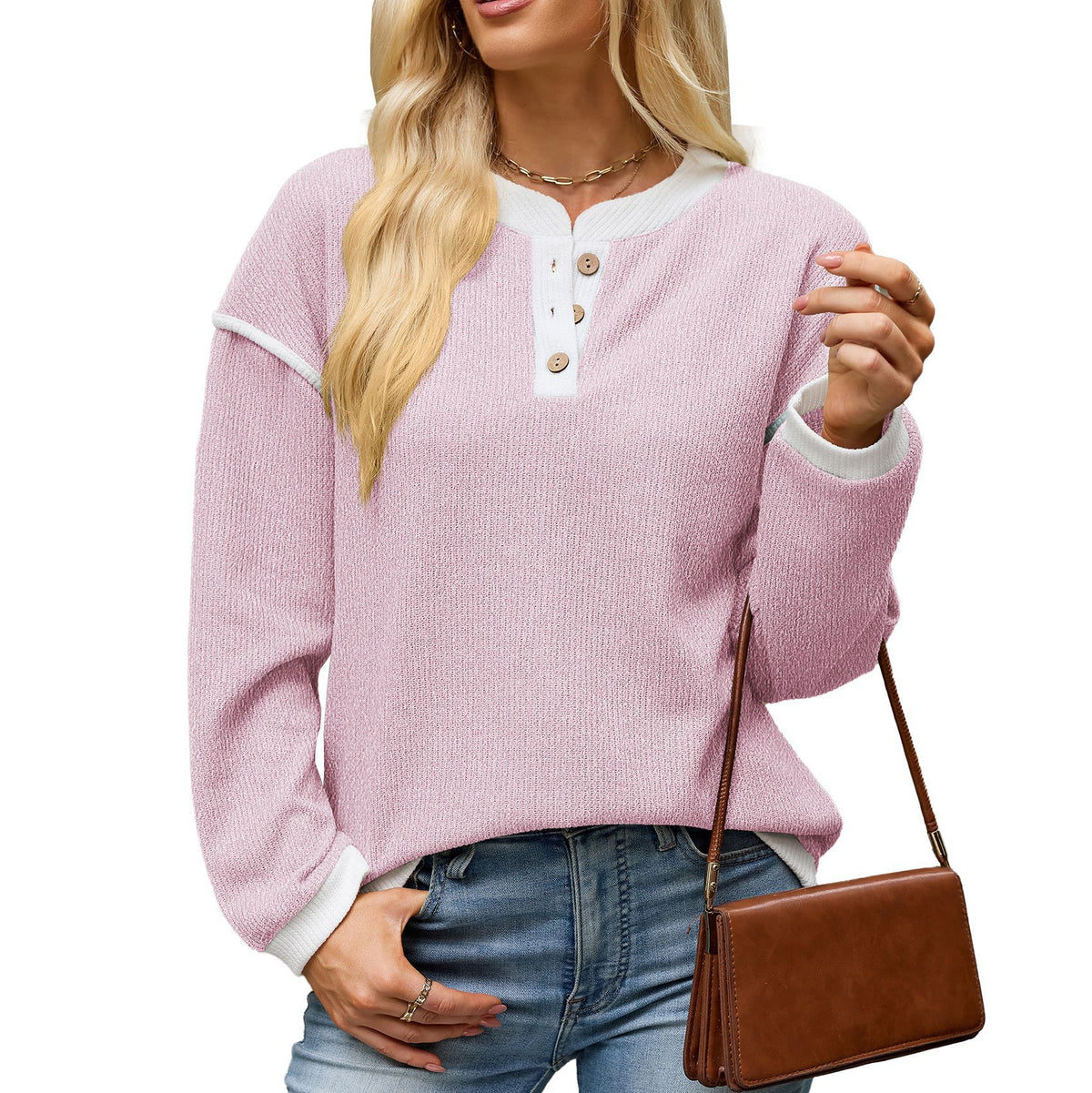Henley Button Knit Top With Piping Trim - Pink